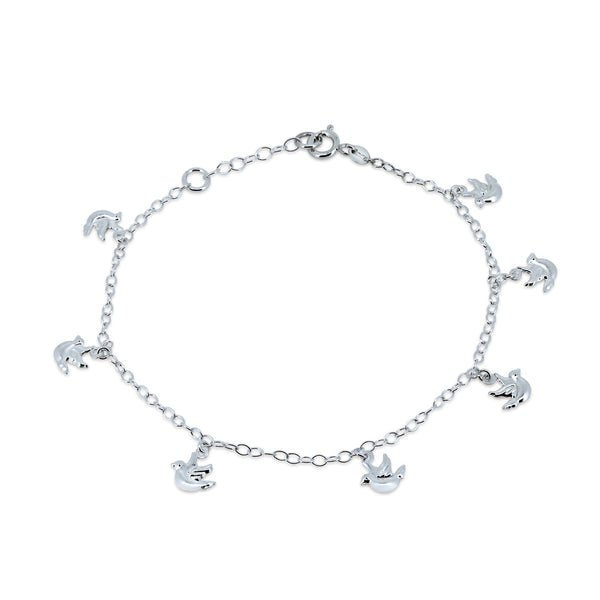 925 Sterling Silver High Polished Outline Dove Charm Link Anklets