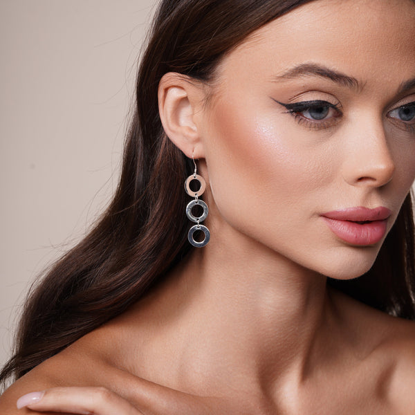 Silver 925 Rhodium Plated Three Open Circle Dangling Hook Earrings