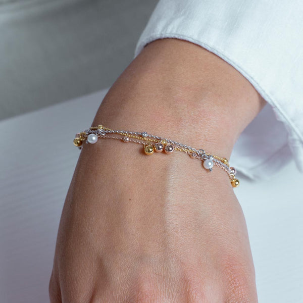 Three-Tone Plated 925 Sterling Silver Multi Chain Sythetic Pearl Beaded Lariat Bracelet