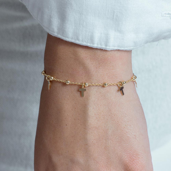 Gold Plated 925 Sterling Silver Box Chain Bead and Cross Lariat Bracelet
