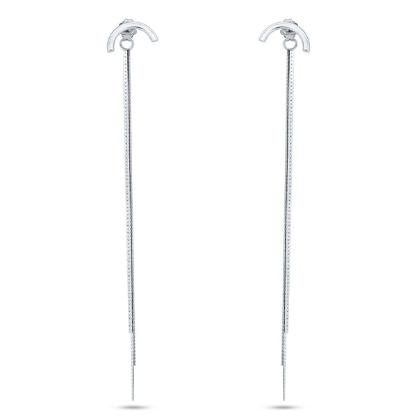 Rhodium Plated 925 Sterling Silver Multi Herringbone Dangling Crescent Stud Earrings