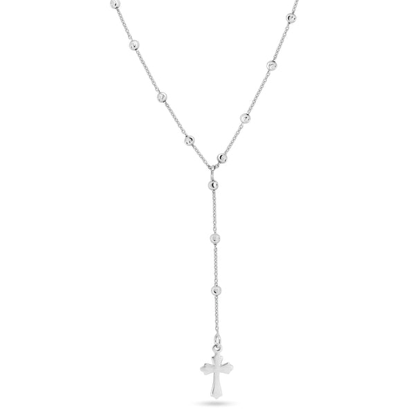 Rhodium Plated 925 Sterling Silver Beaded Rosary  Necklace
