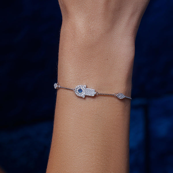 Silver 925 Rhodium Plated CZ Hamsa Hand Lariat Bracelet
