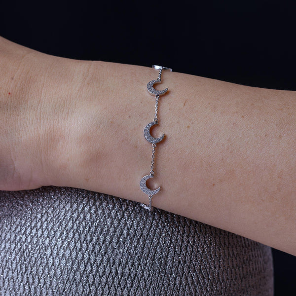Rhodium Plated 925 Sterling Silver Multiple CZ Crescent Bracelet