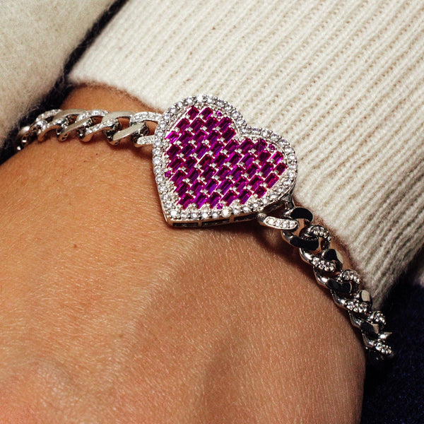 Rhodium Plated 925 Sterling Silver 6.4mm Heart Baguette Pink and Round Clear CZ Studded Bracelet