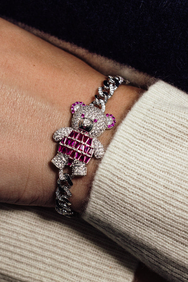 Rhodium Plated 925 Sterling Silver 6.4mm Teddy Bear Baguette Pink and Round Clear CZ Studded Bracelet