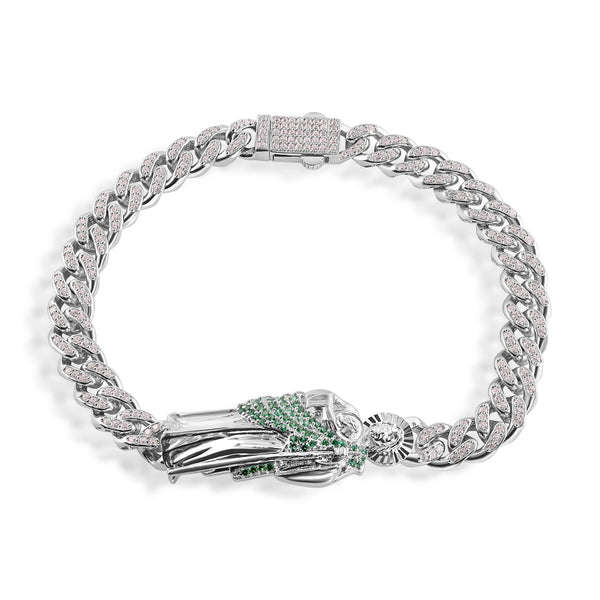 Rhodium Plated 925 Sterling Silver Rectangle St Jude Clear CZ Studded Cuban 6.9mm Bracelet