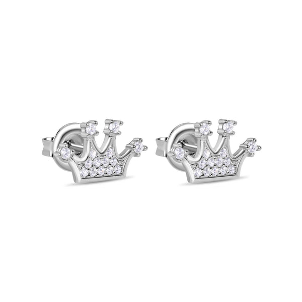 Rhodium Plated 925 Sterling Silver CZ Crown Stud Earrings