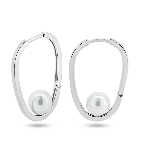 Rhodium Plated 925 Sterling Silver Pearl Hoop Earrings