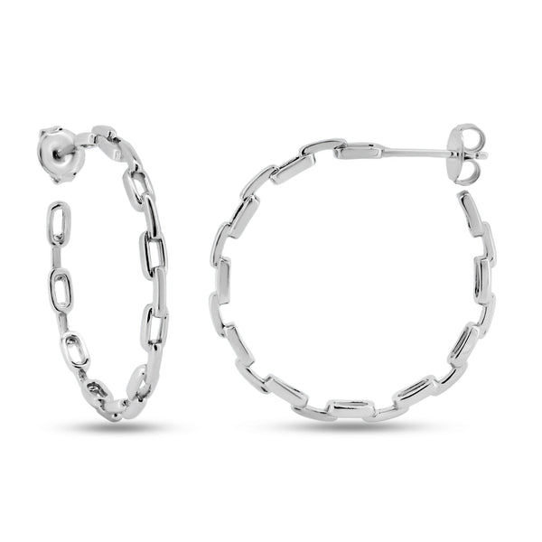 Rhodium Plated 925 Sterling Silver Link Design Semi Hoop Earrings