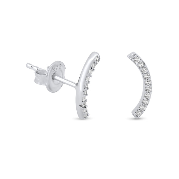 Rhodium Plated 925 Sterling Silver Half Circle CZ 12.3mm Stud Earrings