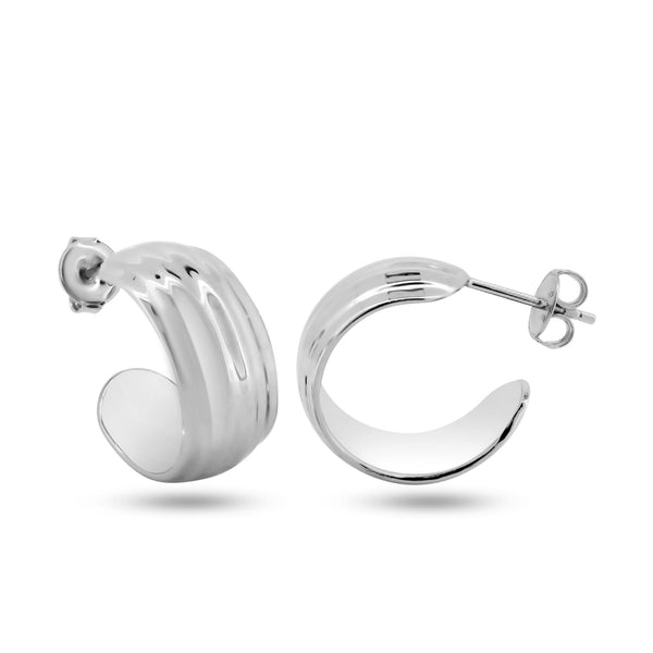 Rhodium Plated 925 Sterling Silver Dome Semi Hoop Earrings