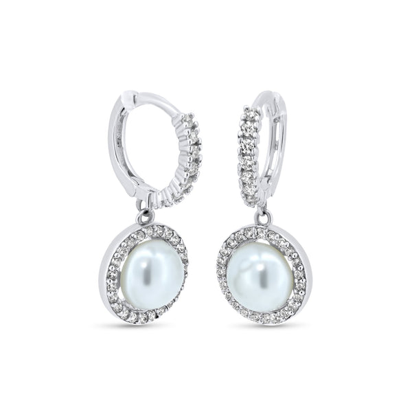 Rhodium Plated 925 Sterling Silver CZ Mother of Pearl 11.2mm Hoop Earrings