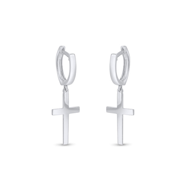 Rhodium Plated 925 Sterling Silver Cross 10mm Hoop Huggie Earrings