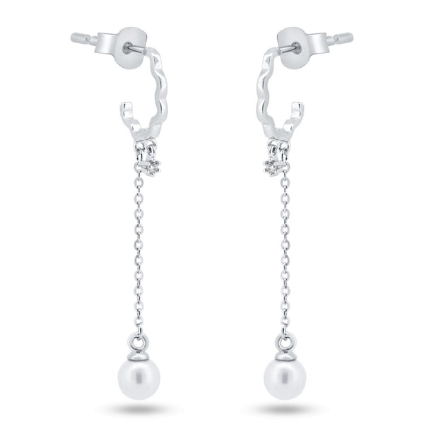 Sterling Silver Rhodium Plated Dangling Pearl Semi Hoop CZ Earrings