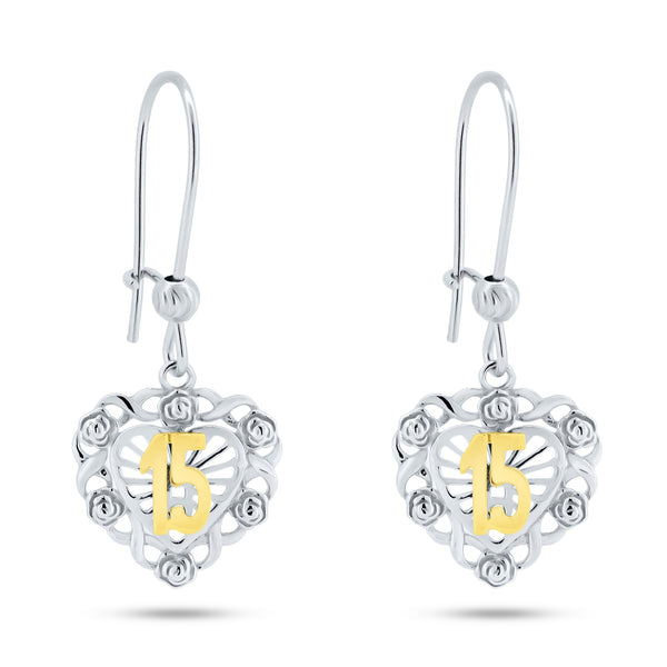 Sterling Silver Rhodium Plated Dangling Heart Quinceanera Earrings