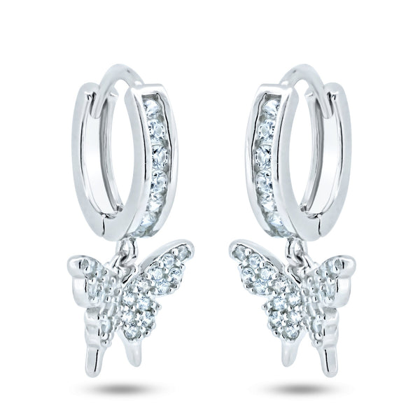 Sterling Silver Rhodium Plated Dangling Butterfly Huggie Earrings