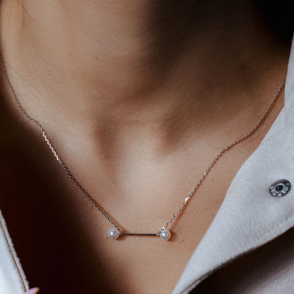 Rhodium Plated 925 Sterling Silver Fresh Water Pearl Bar Necklace