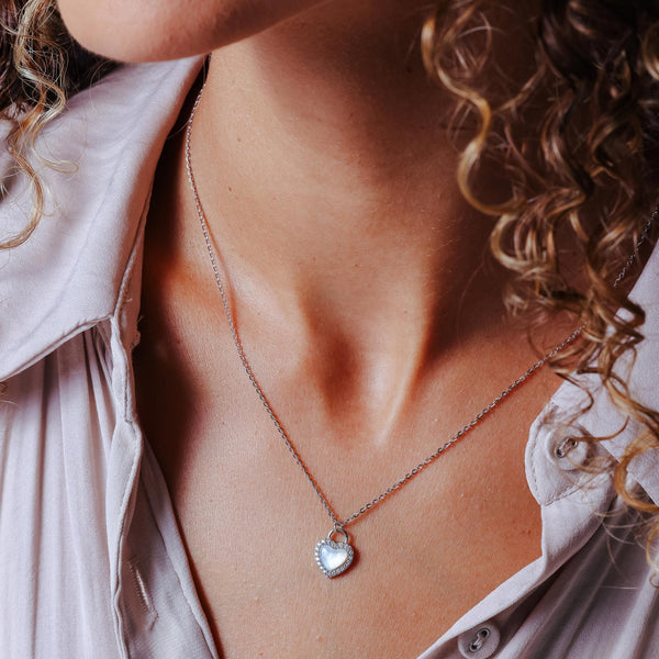 Rhodium Plated 925 Sterling Silver Heart CZ Mother of Pearl Necklace
