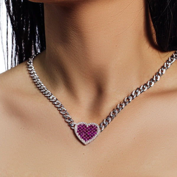 Rhodium Plated 925 Sterling Silver Heart Baguette Pink and Clear CZ Encrusted Miami Cuban Link 7mm Chain