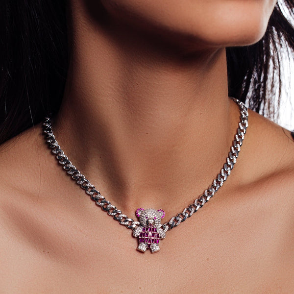 Rhodium Plated 925 Sterling Silver Teddy Bear Baguette Pink and Clear CZ Encrusted Miami Cuban Link 7mm Chain