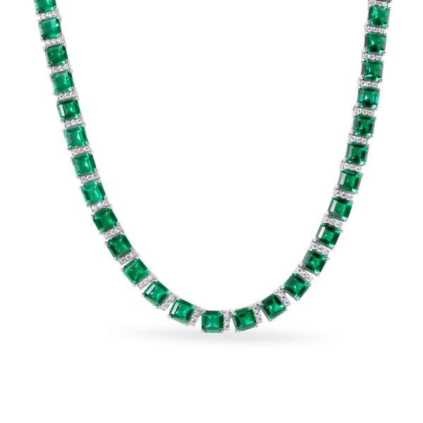 Rhodium Plated 925 Sterling Silver Square Cut Green CZ 5.8mm Adjustable Length Tennis Necklace
