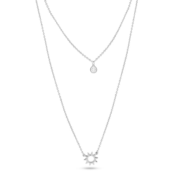 Rhodium Plated 925 Sterling Silver Double Chain Open Sun Smiley Necklace