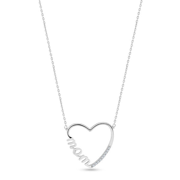 Rhodium Plated 925 Sterling Silver Clear CZ Open Heart MOM Necklace