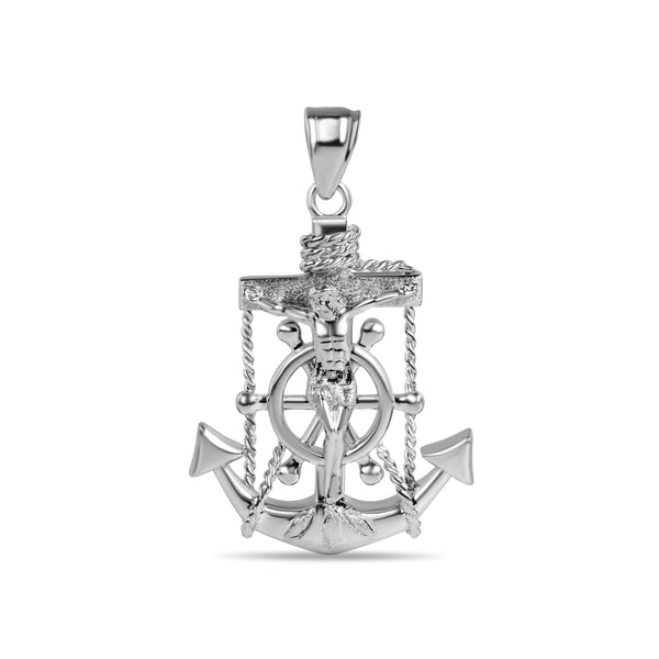 Rhodium Plated 925 Sterling Silver Mariner Anchor Cross Pendant