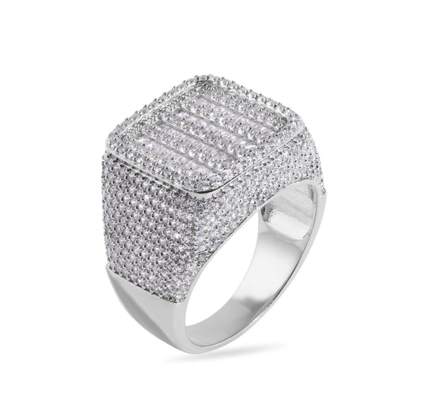 Rhodium Plated 925 Sterling Silver Statement Baguette Clear CZ Studded Square Top 17.5mm Ring