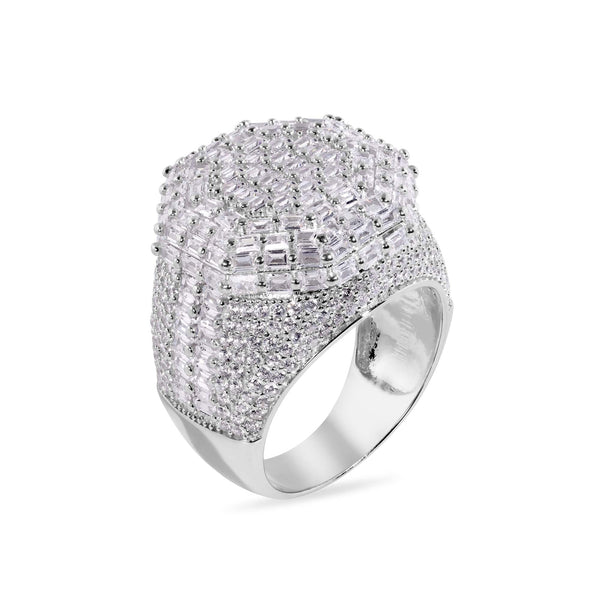 Rhodium Plated 925 Sterling Silver Statement Baguette Clear CZ Studded Octagon Top 20.4mm Ring