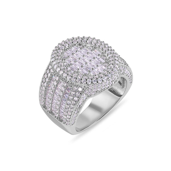 Rhodium Plated 925 Sterling Silver Statement Baguette Clear CZ Oval Top 20.6mm Ring