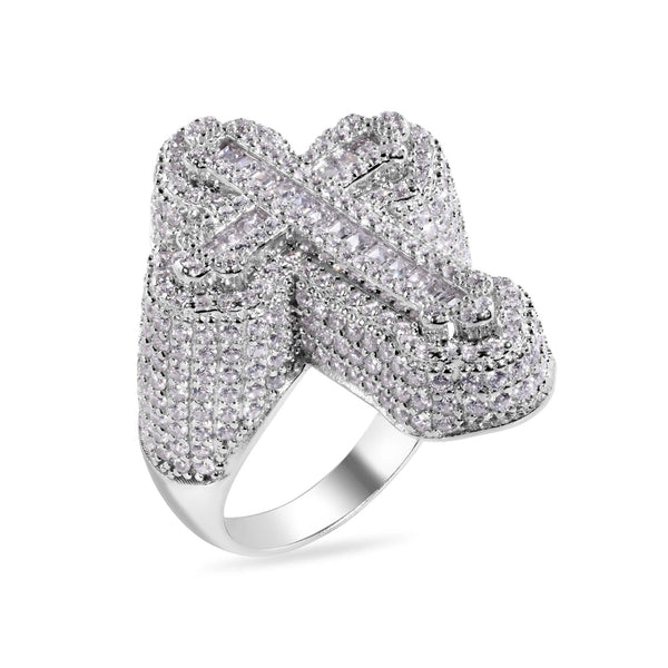 Rhodium Plated 925 Sterling Silver Cross Baguette Clear CZ Studded Top 31.5mm Ring