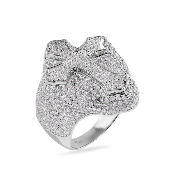 Rhodium Plated 925 Sterling Silver Cross Clear CZ Studded Top 30mm Ring