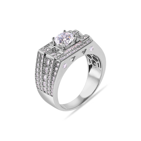 Rhodium Plated 925 Sterling Silver Rectangular Clear CZ Studded Top 12mm Ring
