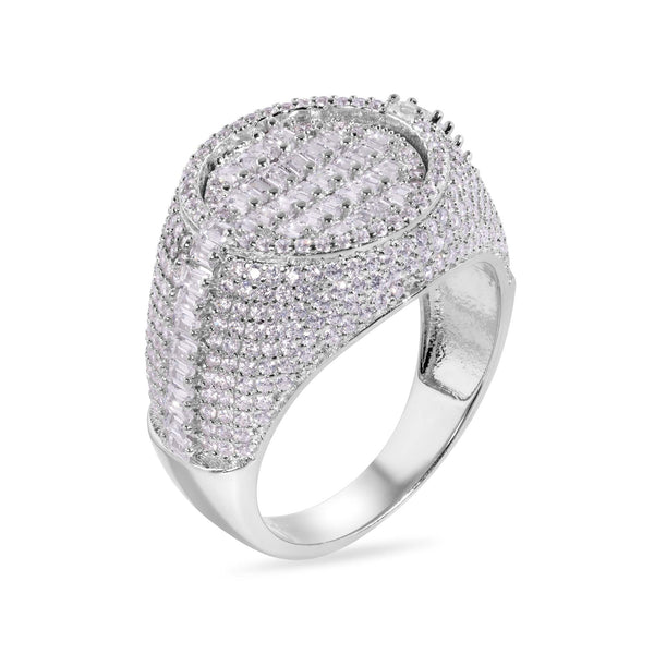 Rhodium Plated 925 Sterling Silver Statement Baguette Clear CZ Round Top 17.5mm Ring