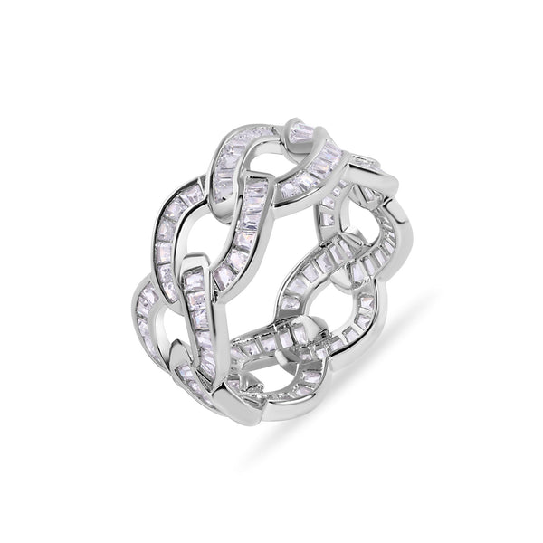 Rhodium Plated 925 Sterling Silver Curb Baguette Clear CZ 10.3mm Ring