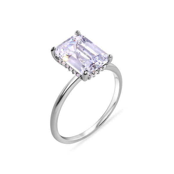 Rhodium Plated 925 Sterling Silver Baguette Center CZ Stone Ring