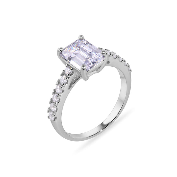 Rhodium Plated 925 Sterling Silver Baguette Center CZ Stone Ring