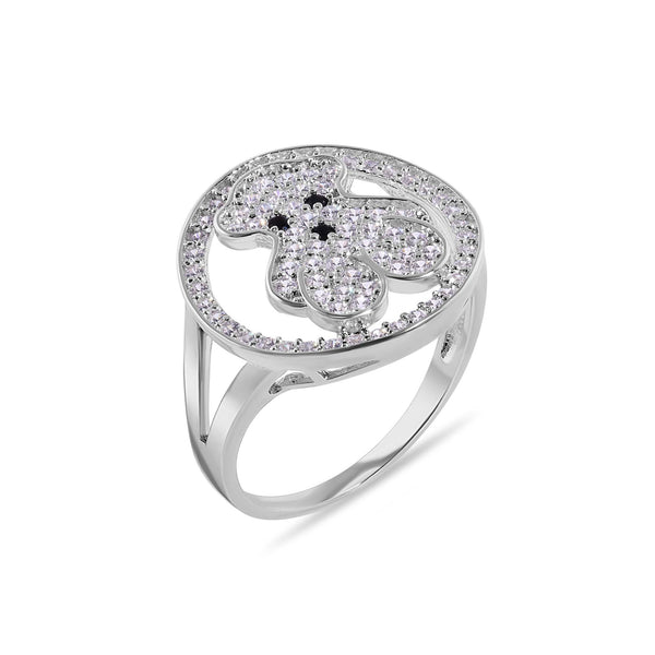 Rhodium Plated 925 Sterling Silver Teddy Bear Round Top Clear CZ Studded 16.9mm Ring