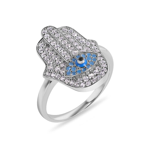 Rhodium Plated 925 Sterling Silver Hamsa Evil Eye Clear Turquoise CZ Studded 18.6mm Ring