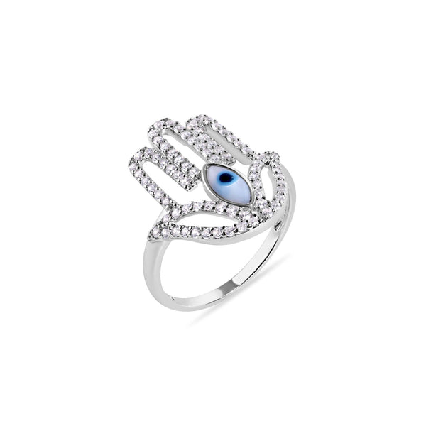 Rhodium Plated 925 Sterling Silver Hamsa Evil Eye Cutout Clear Turquoise CZ Studded 18.1mm Ring