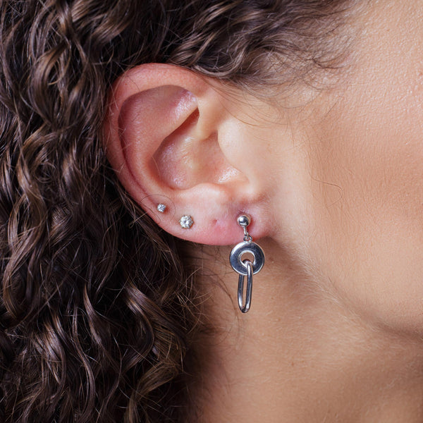 Rhodium Plated 925 Sterling Silver Dangling Donut Paperclip Stud Earrings