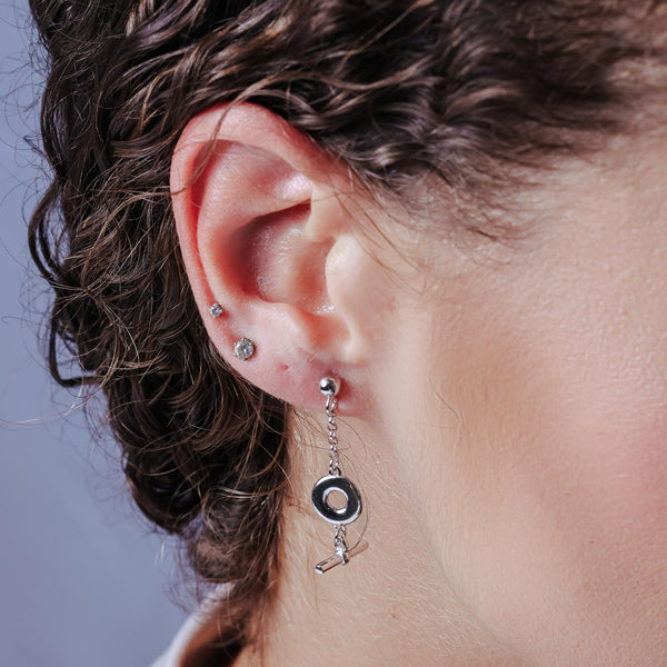 Rhodium Plated 925 Sterling Silver Dangling Donut Bar Stud Earrings