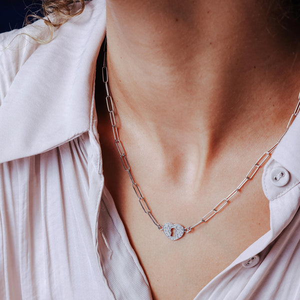 Rhodium Plated 925 Sterling Silver Paperclip Adjustable Clear CZ Heart Lock Necklace