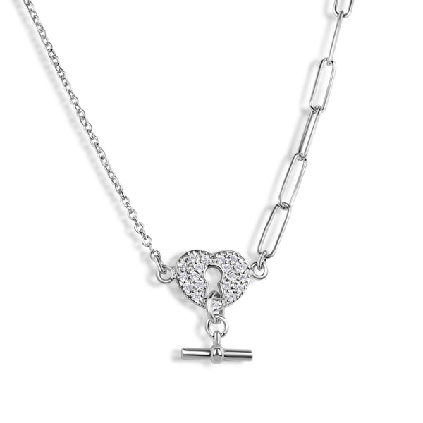 Rhodium Plated 925 Sterling Silver Paperclip Rolo Chains Heart Center Necklace
