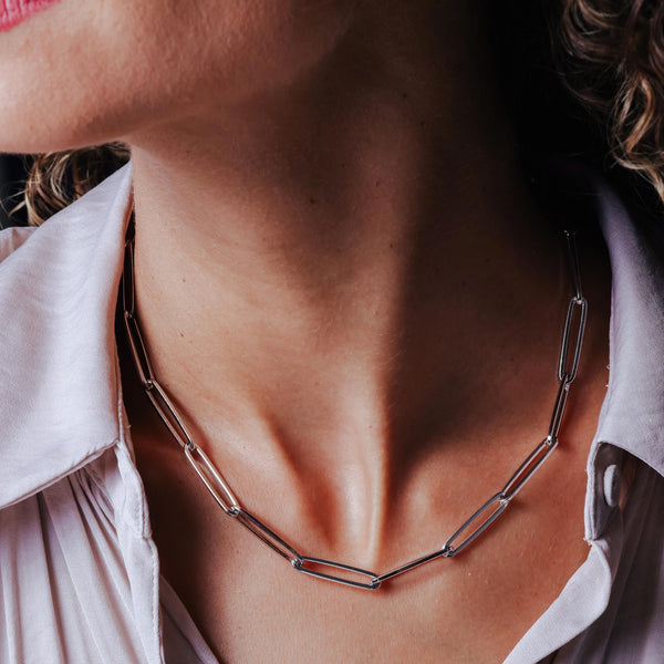 Rhodium Plated 925 Sterling Silver Adjustable Long 5.5mm Paperclip Necklace
