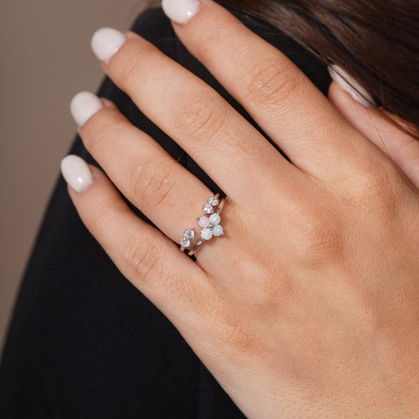 Rhodium Plated 925 Sterling Silver Synthetic Opal Clover And Open Bypass Clear CZ Ring Set