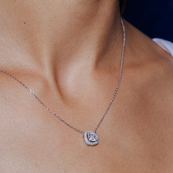 Silver Rhodium 925 Square Halo Moissanite Necklace