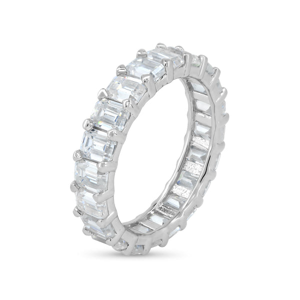Rhodium Plated 925 Sterling Silver Square Moissanite Stone Eternity Band Ring